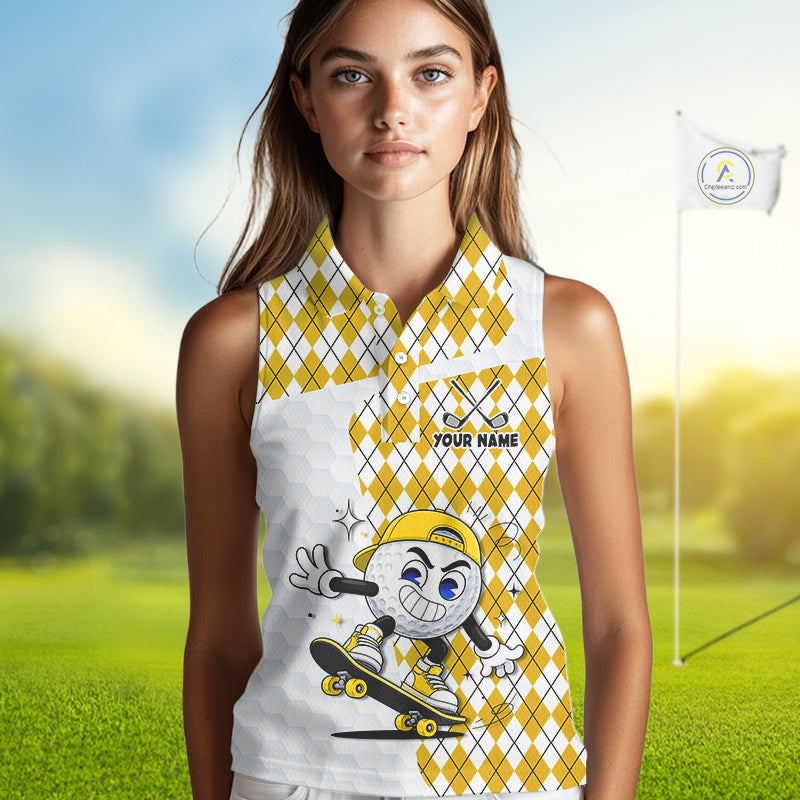 Sleeveless Women Golf Polo Shirt Argyle Pattern Golf Shirts For Womens Funny Golf Ball Shirtgifts|Yellow NHT864