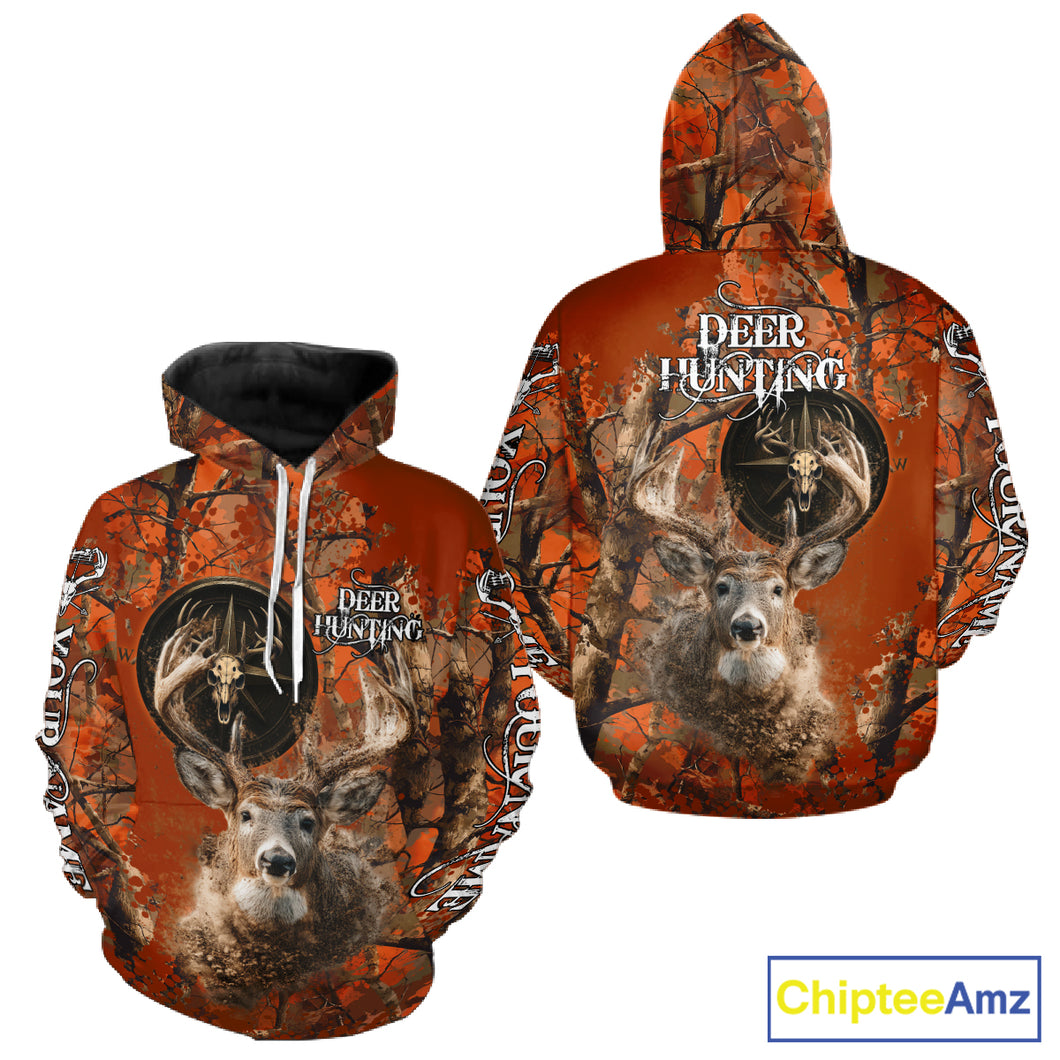 Deer Hunting Shirt Compass Design Orange Camo Custom Name Head Deer Hunting Clothes NHT282
