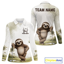 Load image into Gallery viewer, Long-sleeve polo shirt with sloth design and customizable text on a golf course background, featuring the brand 'Chiptee Amz'