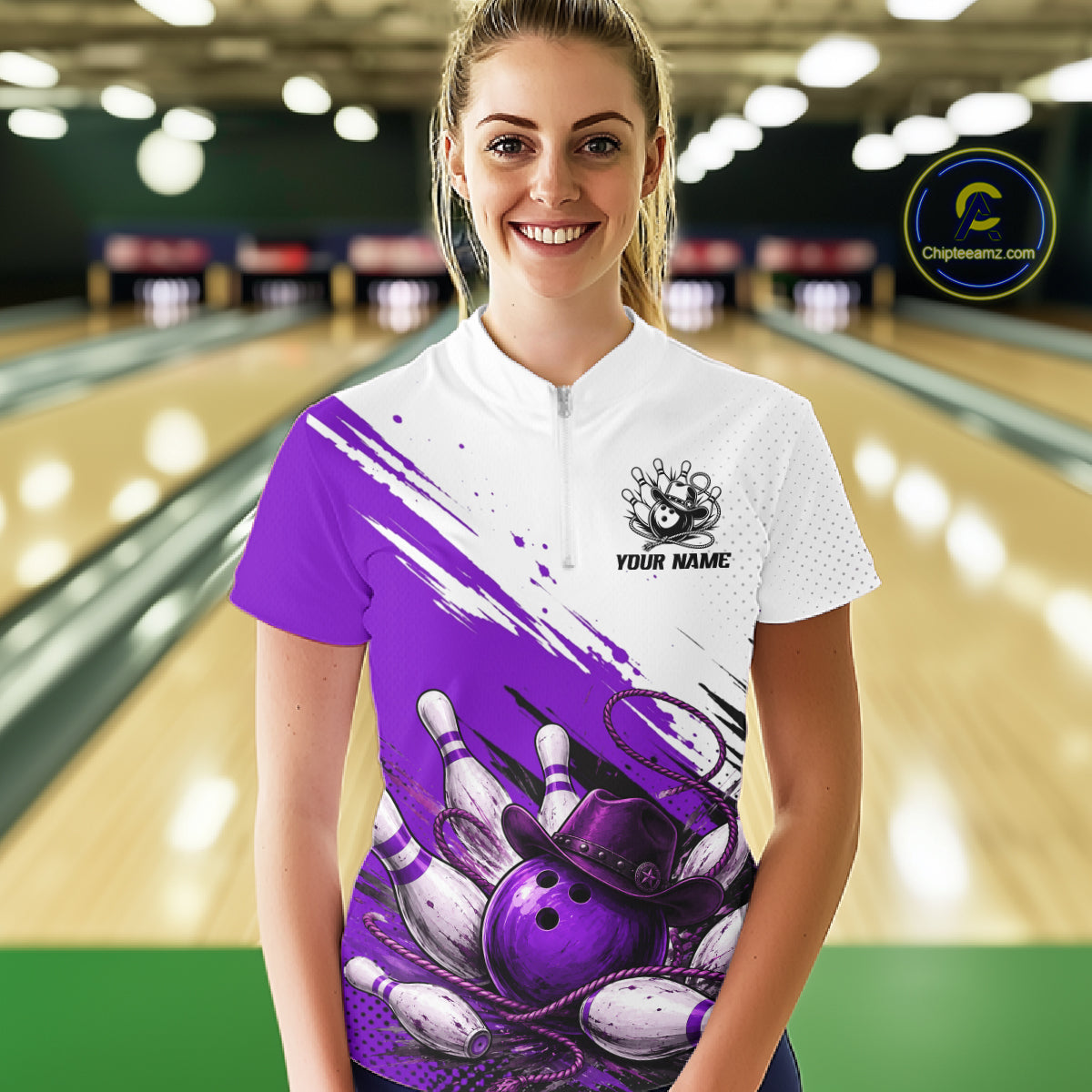Cowboy Women Bowling Custom Name Polo Shirt, Personalized Team 1/4 Zip Bowling Jersey Gift|Purple NHT1326