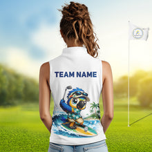 Load image into Gallery viewer, Tropical beach bird womens sleeveless golf polo shirt, personalized surfing parrot design, custom golf team shirt side view