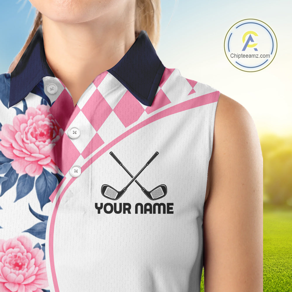 Personalized Pink Tropical Flower Womens Sleeveless Golf Tops Custom Team Golf Shirts, Familly Team Shirt NHT699
