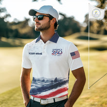 Load image into Gallery viewer, Man wearing a white polo shirt with American-themed design on a golf course
