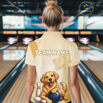 Custom Name Team Bowling Jersey, Women's Golden Retriever Bowling Polo Shirt & Quarter Zip NHT1203