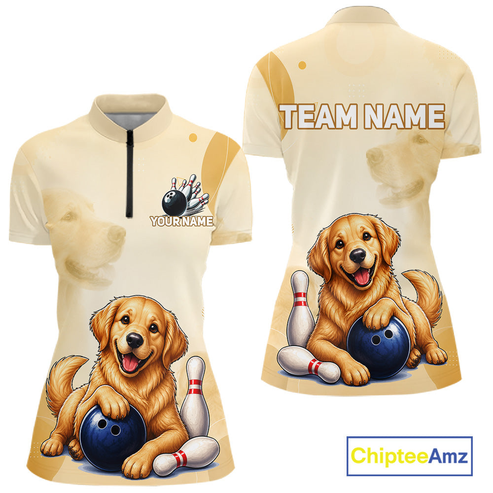 Women's custom Golden Retriever bowling quarter zip – front view