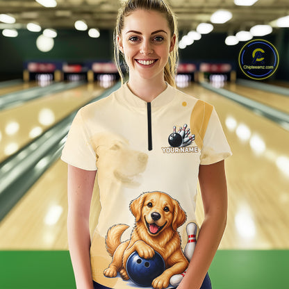 Custom Name Team Bowling Jersey, Women's Golden Retriever Bowling Polo Shirt & Quarter Zip NHT1203