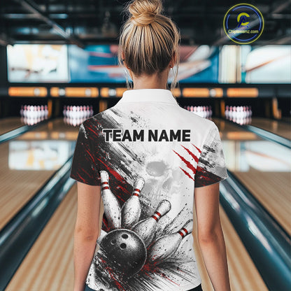 Women's Personalized Skull Bowling Tournament Polo Shirt & 1/4 Zip Custom Bowling Jersey NHT1215