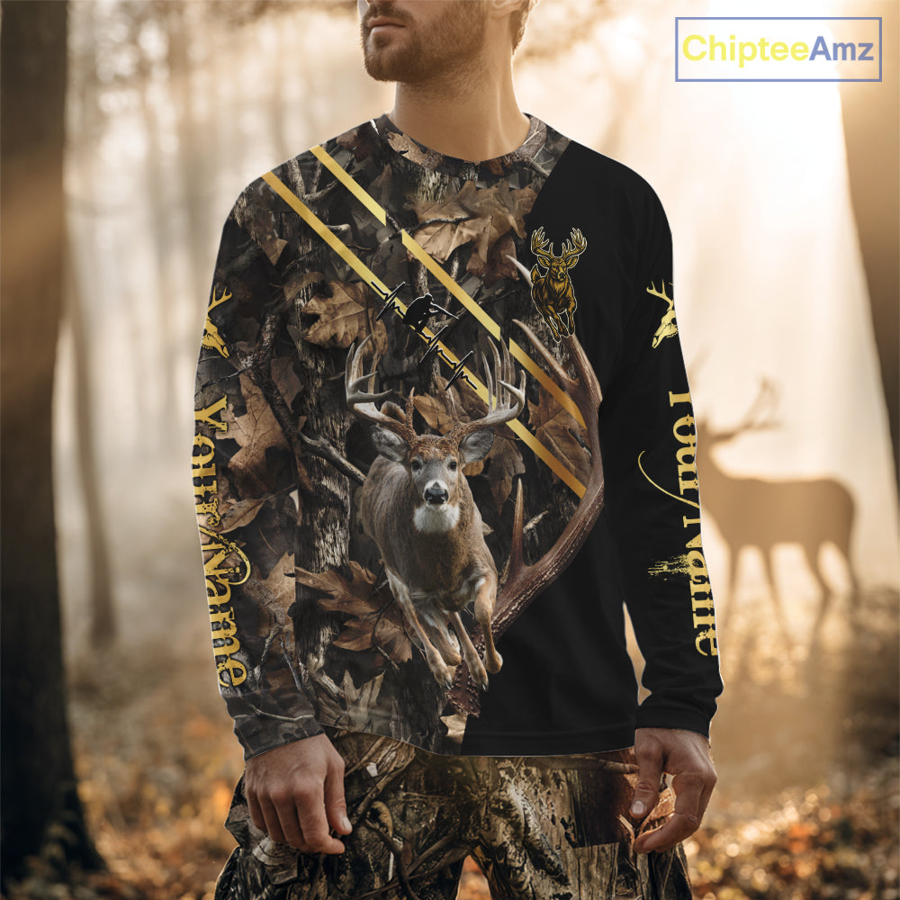 Brown Forest Camo Deer Hunting Shirt – Running Buck Graphic, Personalized Name For Hunter NHT342