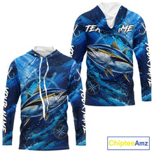 Load image into Gallery viewer, Back view of custom tuna hooded fishing shirt made from lightweight polyester with UPF 30+ sun protection.