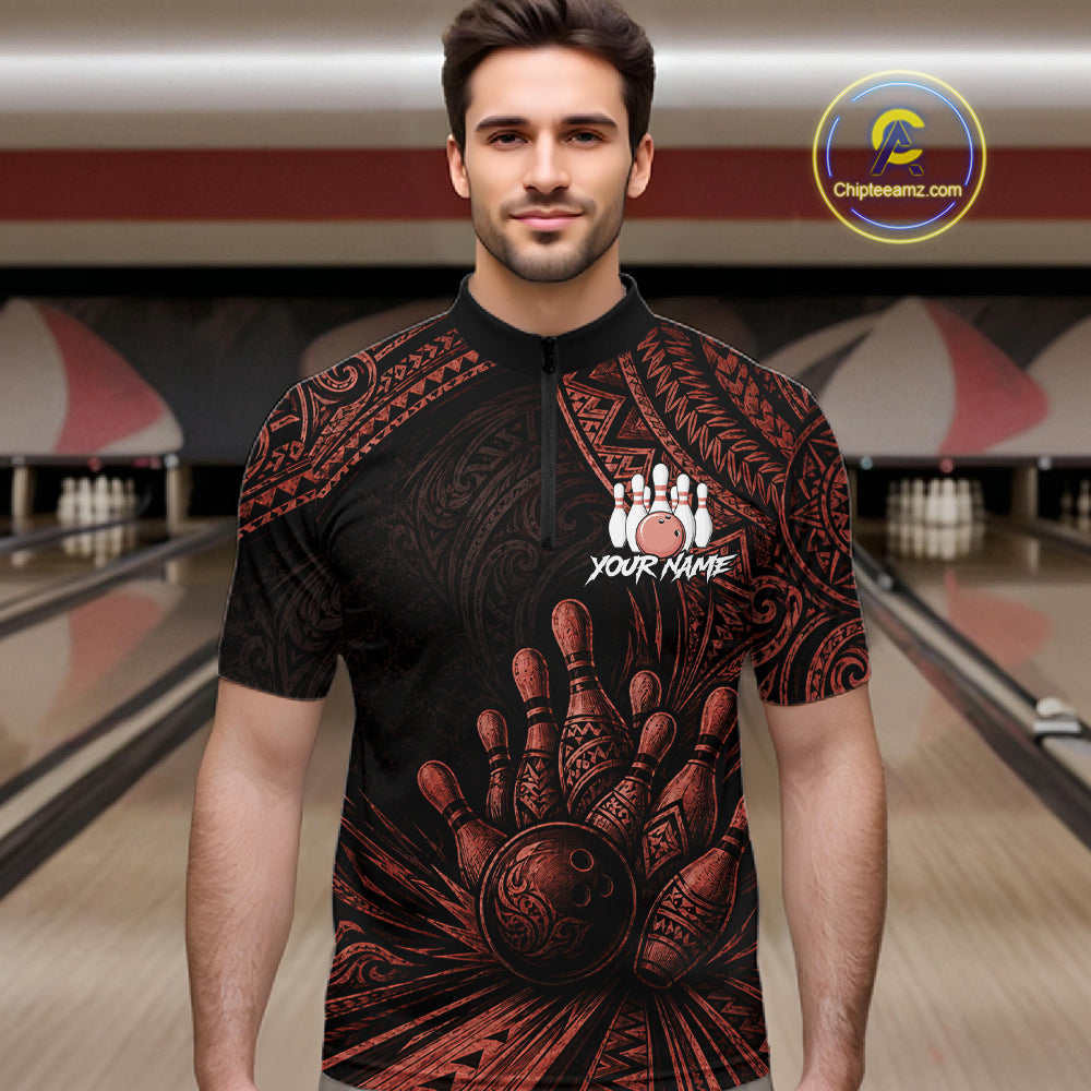 Custom Bowling League Shirt, Personalized Bowling Team Polo, Polynesian Tribal Bowling For Men|Red NHT1233