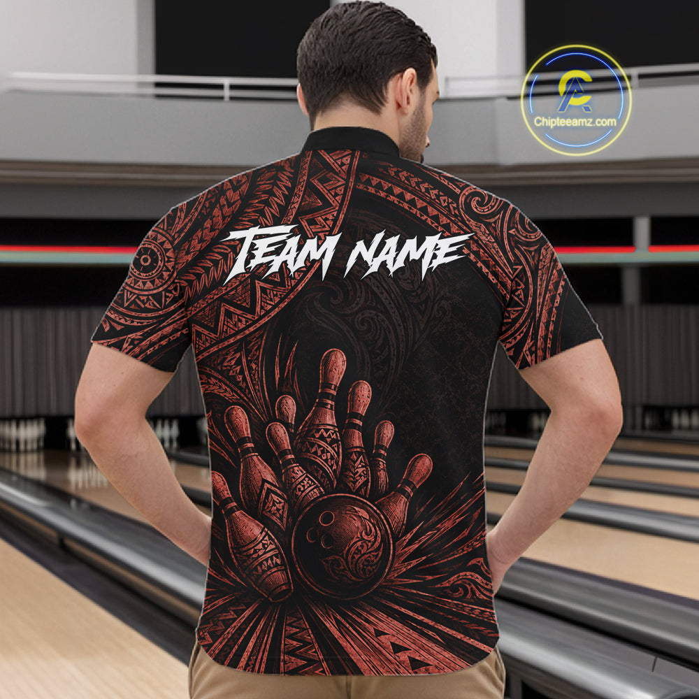 Custom Bowling League Shirt, Personalized Bowling Team Polo, Polynesian Tribal Bowling For Men|Red NHT1233