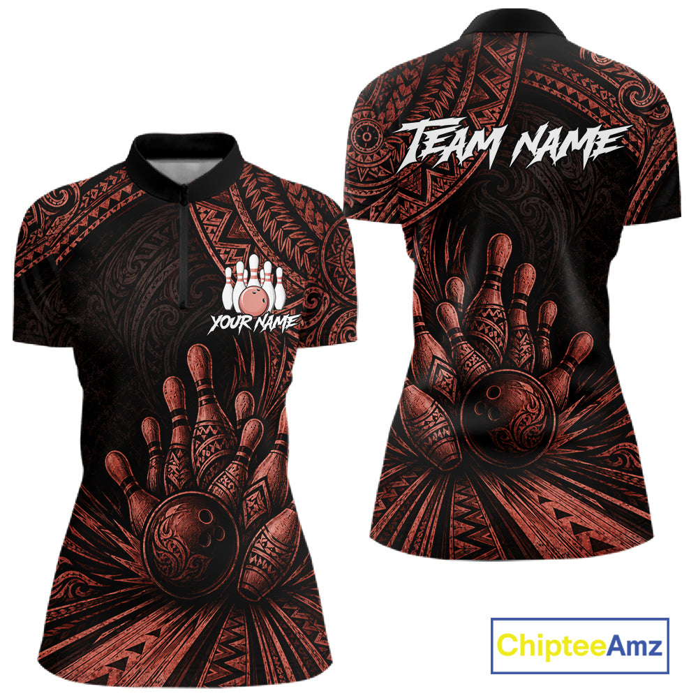 Front and back views of a women's short-sleeve polo shirt with a black base and a red tribal-inspired bowling hand graphic. The front features a bowling pins icon with 'YOUR NAME' text, and the back has 'TEAM NAME' text.