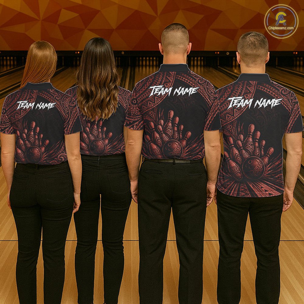 Custom Bowling League Shirt, Personalized Bowling Team Polo, Polynesian Tribal Bowling For Men|Red NHT1233