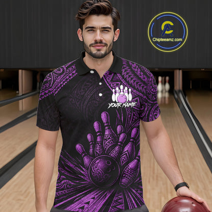 A man wearing a black and purple bowling-themed polo shirt with a bowling pin and ball graphic, standing in a bowling alley holding a bowling ball. A 'Chipteeamz.
