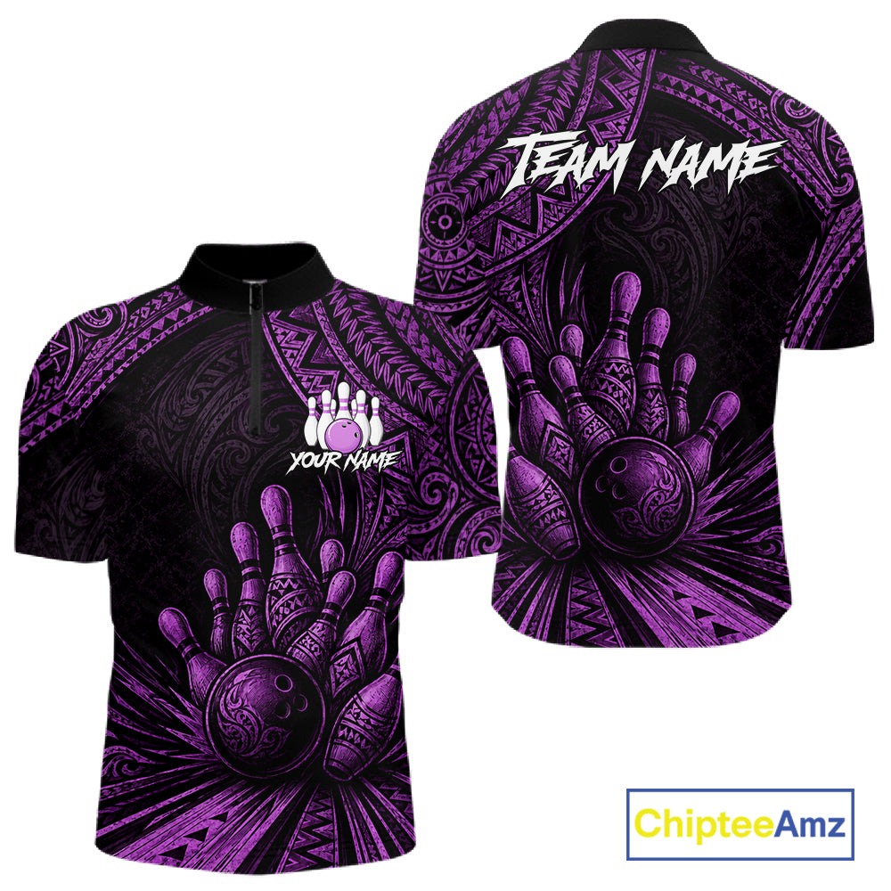 A short-sleeve quarter-zip bowling-themed shirt shown from the front and back on a white background. The design features a black base with a purple tribal hand graphic containing a bowling ball, with customizable white text areas reading 'TEAM NAME' and 'YOUR NAME'.