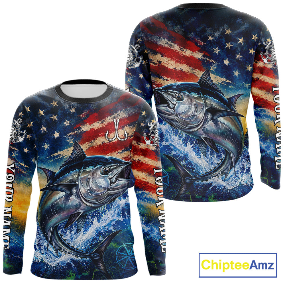 Tuna Fishing Shirt American Flag 3D All Over Print Long Sleeve Performance Apparel For Men NHT1089