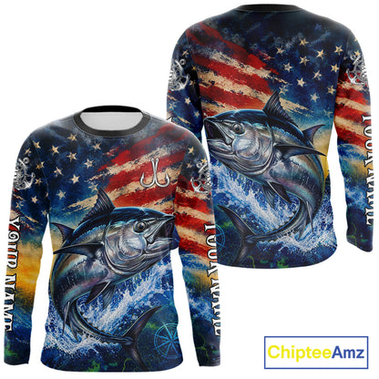 Tuna Fishing Shirt American Flag 3D All Over Print Long Sleeve Performance Apparel For Men NHT1089