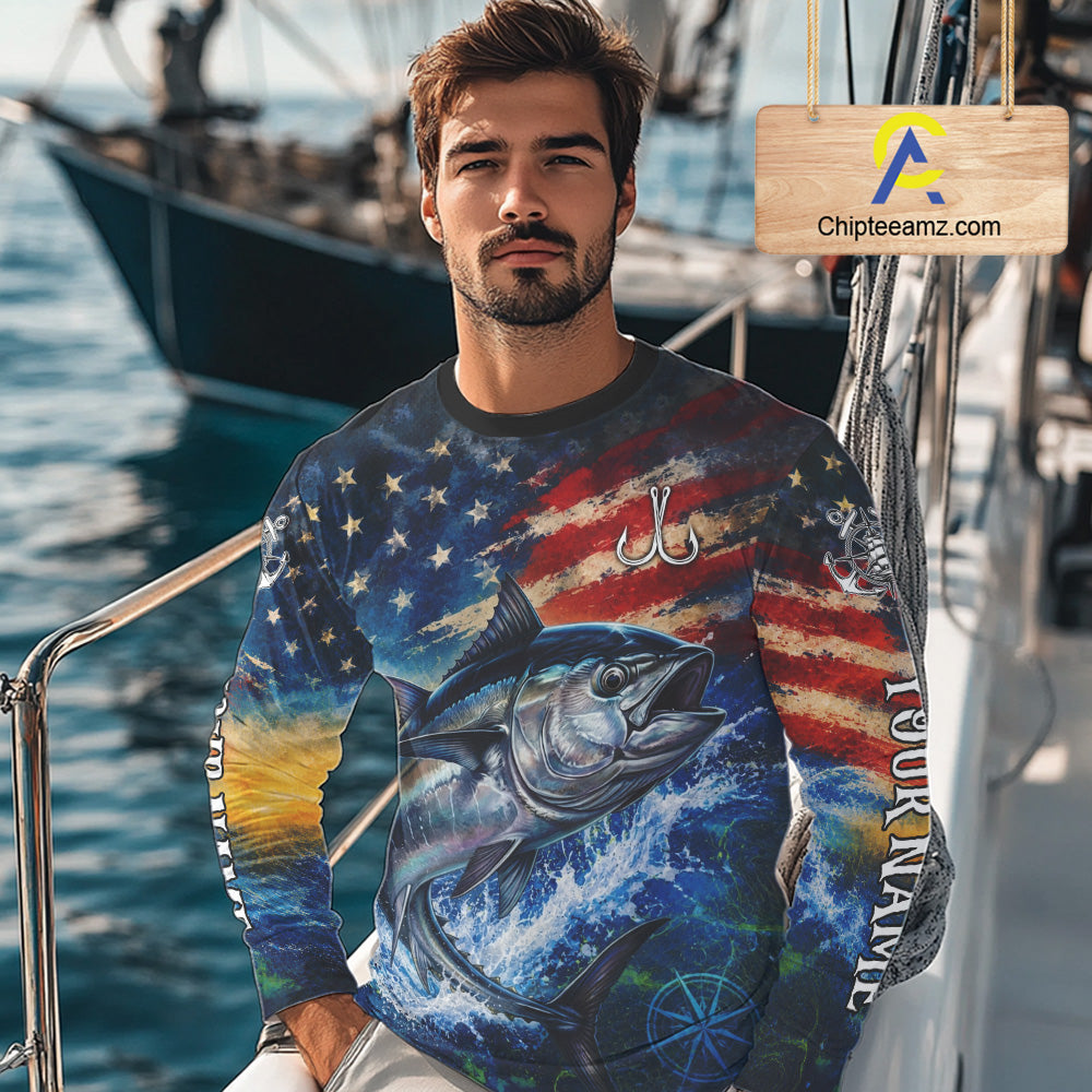 Tuna Fishing Shirt American Flag 3D All Over Print Long Sleeve Performance Apparel For Men NHT1089
