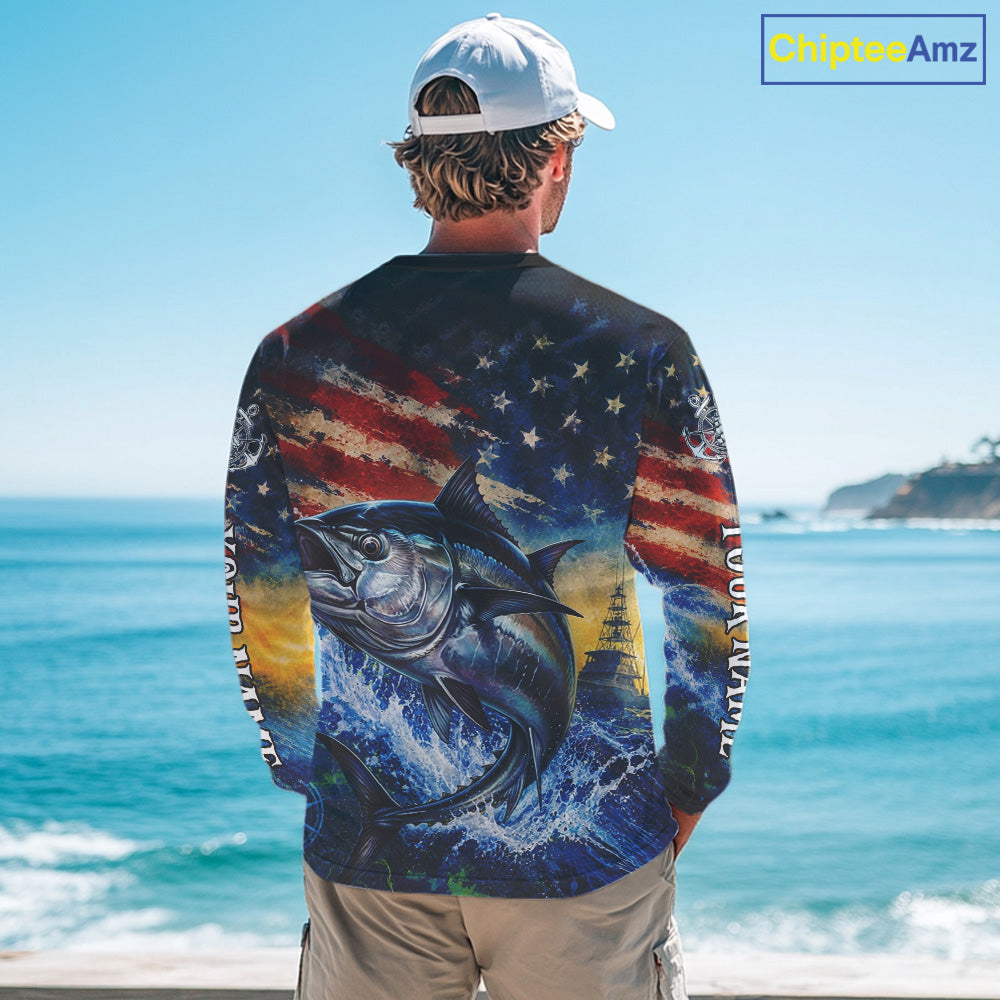 Tuna Fishing Shirt American Flag 3D All Over Print Long Sleeve Performance Apparel For Men NHT1089
