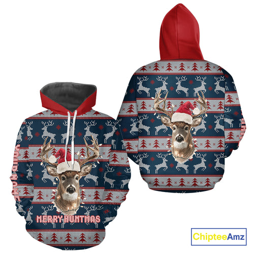 Funny Ugly Sweater Pattern Deer Hunting Customized Name All Over Print Shirts Christmas Shirt NHT305