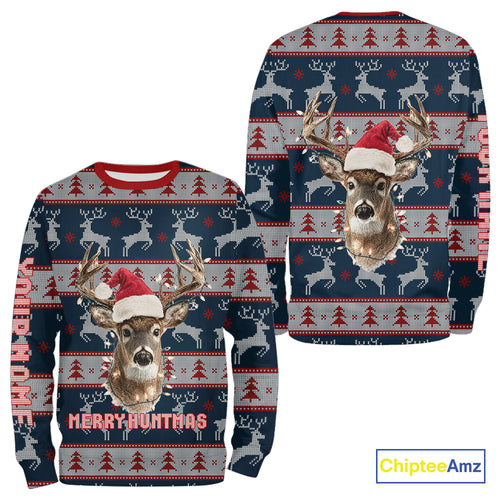 Funny Ugly Sweater Pattern Deer Hunting Customized Name All Over Print Shirts Christmas Shirt NHT305