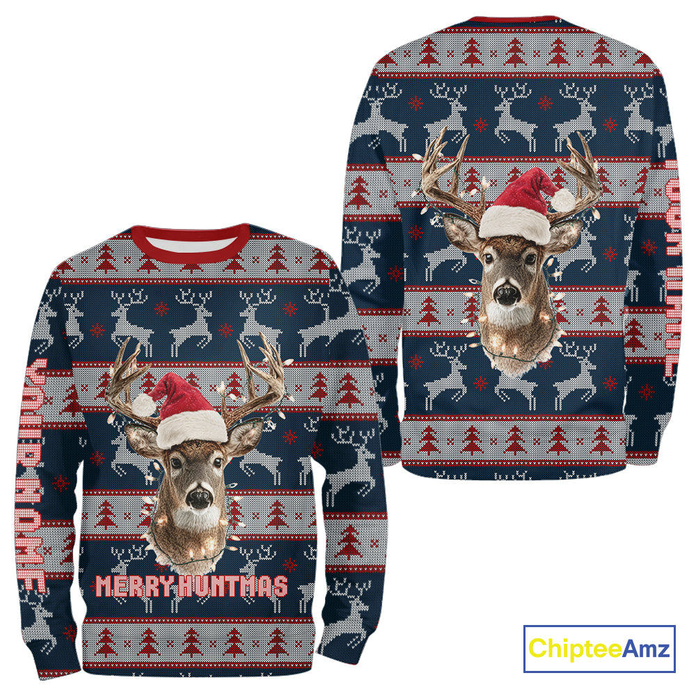 Funny Ugly Sweater Pattern Deer Hunting Customized Name All Over Print Shirts Christmas Shirt NHT305