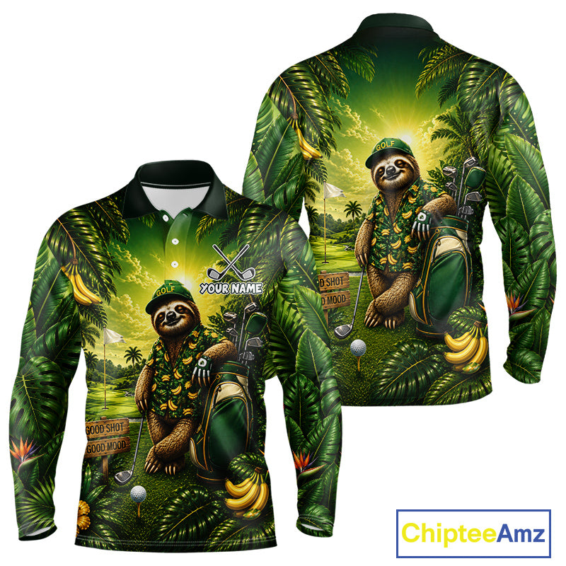 Custom Green Funny Sloth Tropical Mens Golf Polo Shirts, Golf Tournament Jersey For Men NHT927