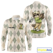 Load image into Gallery viewer, Personalized Raccoon Golfer Polo Shirt Funny Golf Argyle Pattern Custom Name Golf Lover Gift 