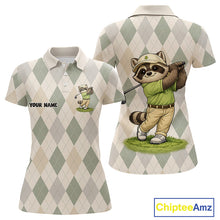 Load image into Gallery viewer, Personalized Raccoon Golfer Polo Shirt Funny Golf Argyle Pattern Custom Name Golf Lover Gift for Womens 