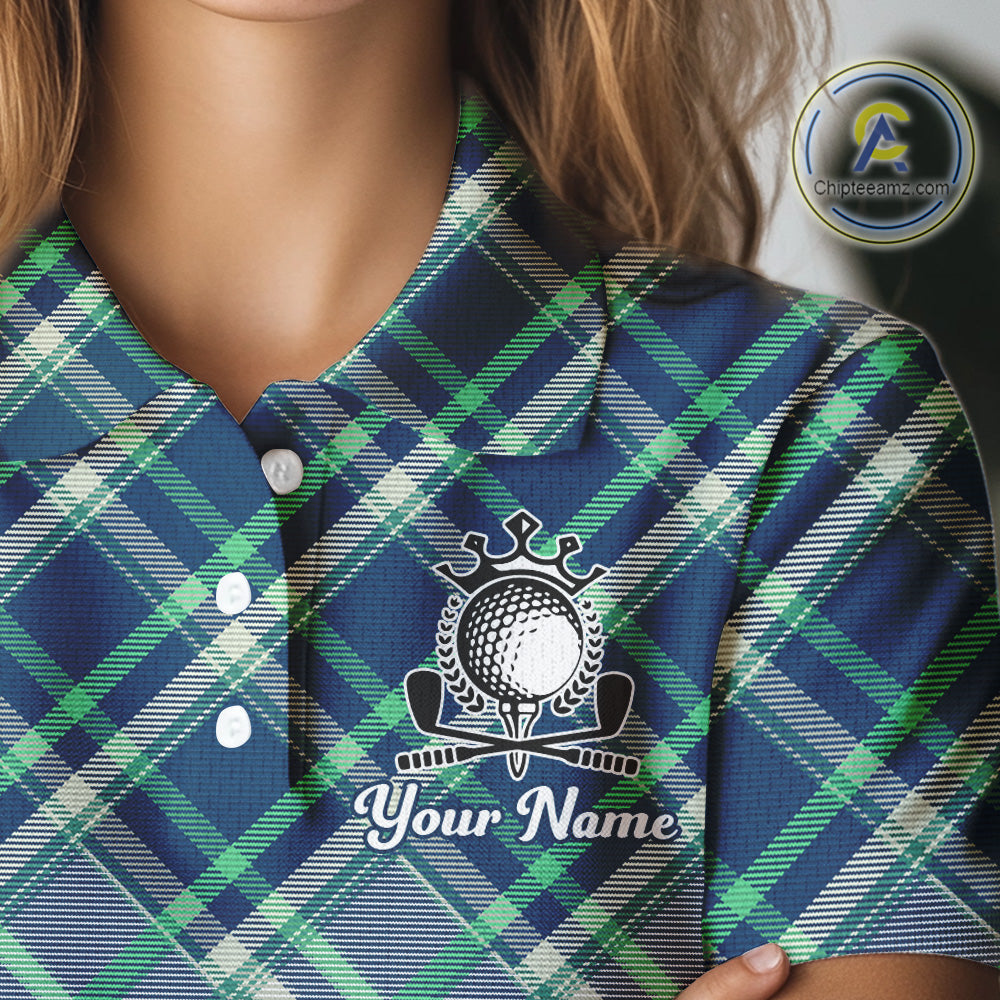 White Blue Argyle Pattern Womens Golf Shirt Golf & Custom Name Womens Golf Polo Shirt NHT558