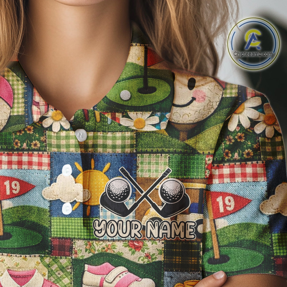 Funny Golf Patchwork Polo Shirt For Women, Personalized Womens Golf Polo Shirt, Vintage Quilt Golf Pattern NHT577