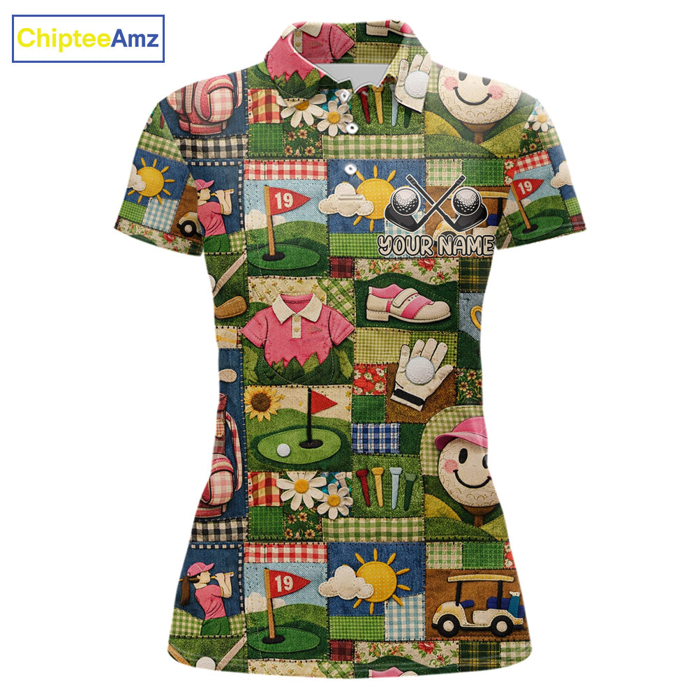 Funny Golf Patchwork Polo Shirt For Women, Personalized Womens Golf Polo Shirt, Vintage Quilt Golf Pattern NHT577