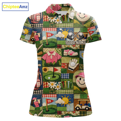 Funny Golf Patchwork Polo Shirt For Women, Personalized Womens Golf Polo Shirt, Vintage Quilt Golf Pattern NHT577
