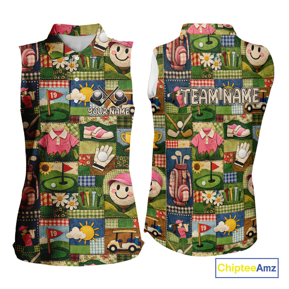 Funny Golf Patchwork Polo Shirt For Women, Personalized Womens Sleeveless Golf Polo Shirt, Vintage Quilt Golf Pattern NHT577