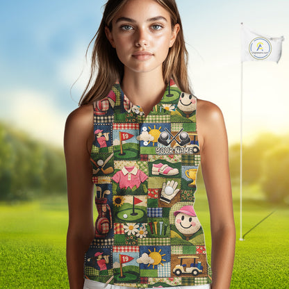 Funny Golf Patchwork Polo Shirt For Women, Personalized Womens Sleeveless Golf Polo Shirt, Vintage Quilt Golf Pattern NHT577