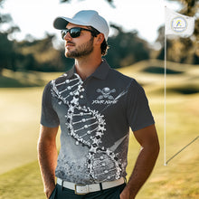 Load image into Gallery viewer, Custom Black Grey Mens Golf Polo Shirt DNA Skull Design, Personalized Name Golf Shirt, Golf Team Shirt NHT793
