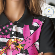Load image into Gallery viewer, Pink Ribbon American Flag Flamingo Funny Women Golf Polo Shirts Custom Breast Cancer Awareness NHT798