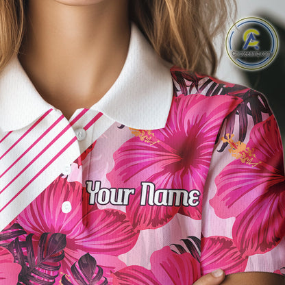 Custom Flamingo Funny Womens Golf Polo Shirt – Personalized Tropical Flower Design NHT595