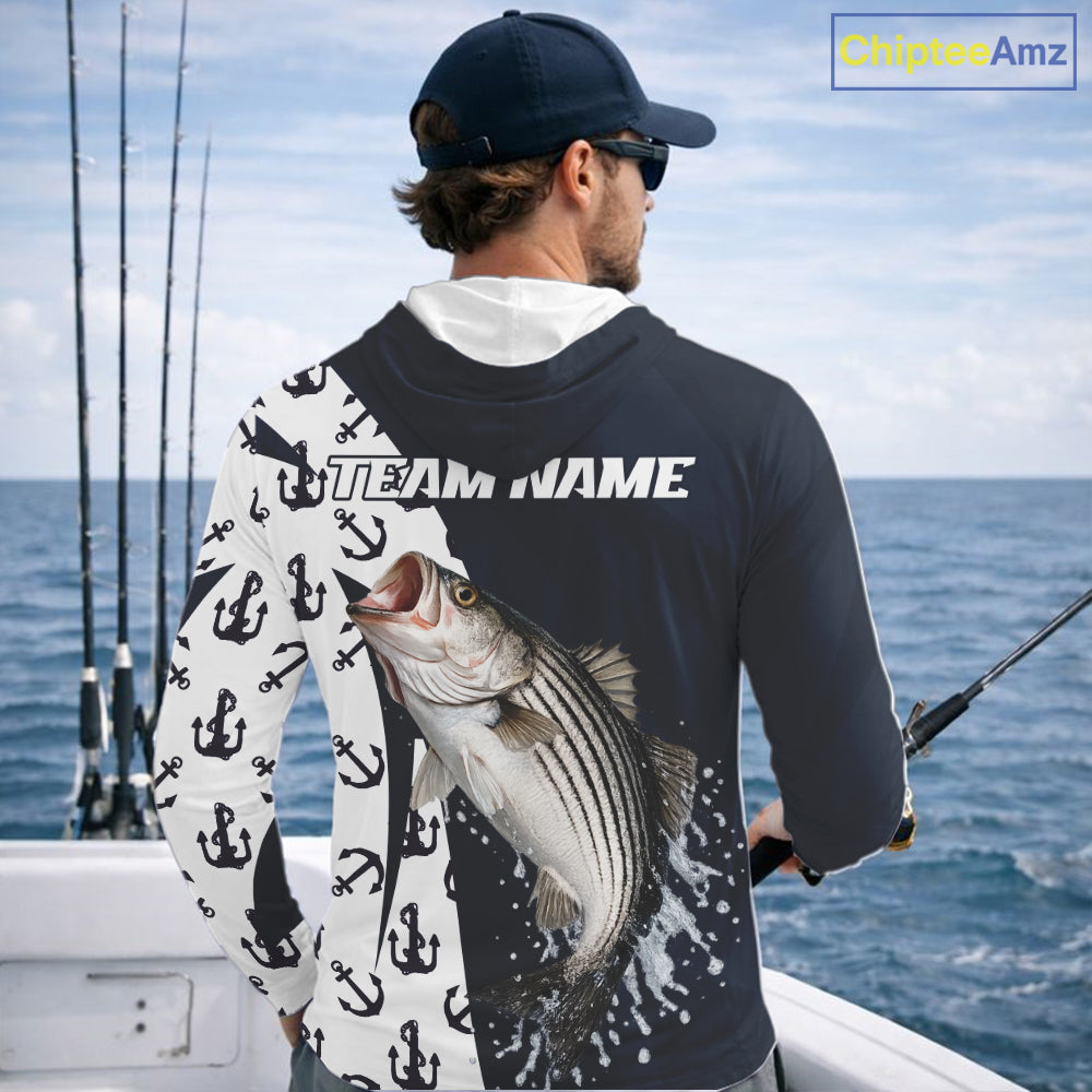 Personalized Striped Bass Hooded  Fishing Shirts Long Sleeve With Pattern Anchor, Fishing Shirt Jersey NHT611
