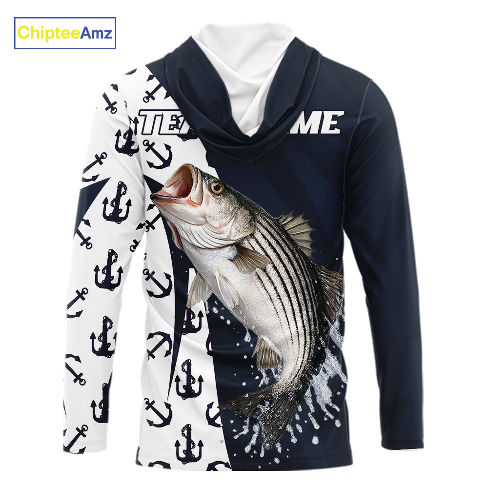 Personalized Striped Bass Hooded  Fishing Shirts Long Sleeve With Pattern Anchor, Fishing Shirt Jersey NHT611