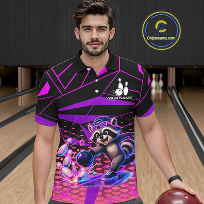 Man wearing a colorful bowling shirt with a raccoon graphic in a bowling alley.