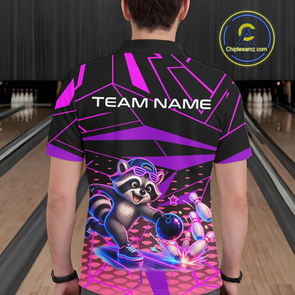 Custom Bowling Team Polo Shirt Neon Raccoon Bowling Personalized Name Jersey For Men NHT1138