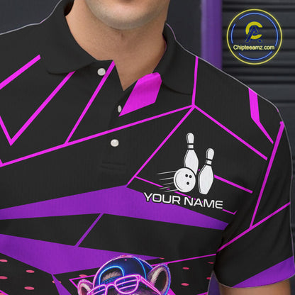 Custom Bowling Team Polo Shirt Neon Raccoon Bowling Personalized Name Jersey For Men NHT1138