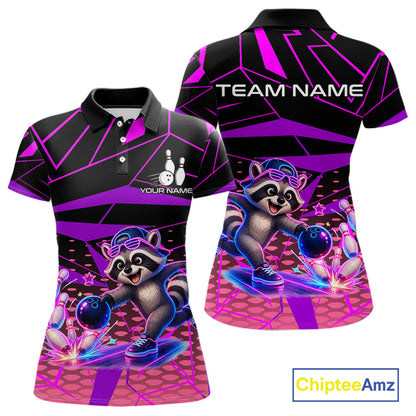 Custom Neon Raccoon Bowling Jersey for Women | Personalized Team Polo