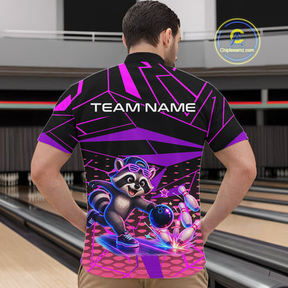 Person wearing a bowling shirt with a raccoon graphic and 'TEAM NAME' text in a bowling alley.