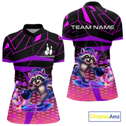 Custom Bowling Team Polo Shirt Neon Raccoon Bowling Personalized Name Jersey For Womens NHT1138