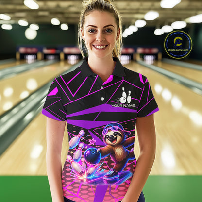 Woman wearing a colorful bowling shirt with a bear design in a bowling alley.