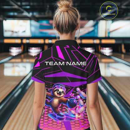 Person wearing a bowling shirt with a cartoon character and 'TEAM NAME' text in a bowling alley.