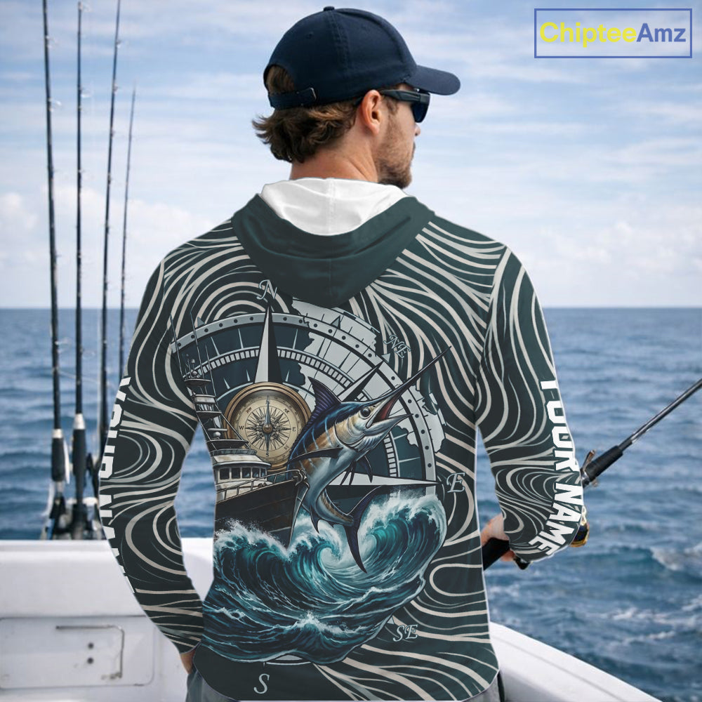 Marlin Fishing Hooded  Long Sleeve Shirt Ocean Wave Compass Design, UV Protection Performance Fishing Apparel NHT613