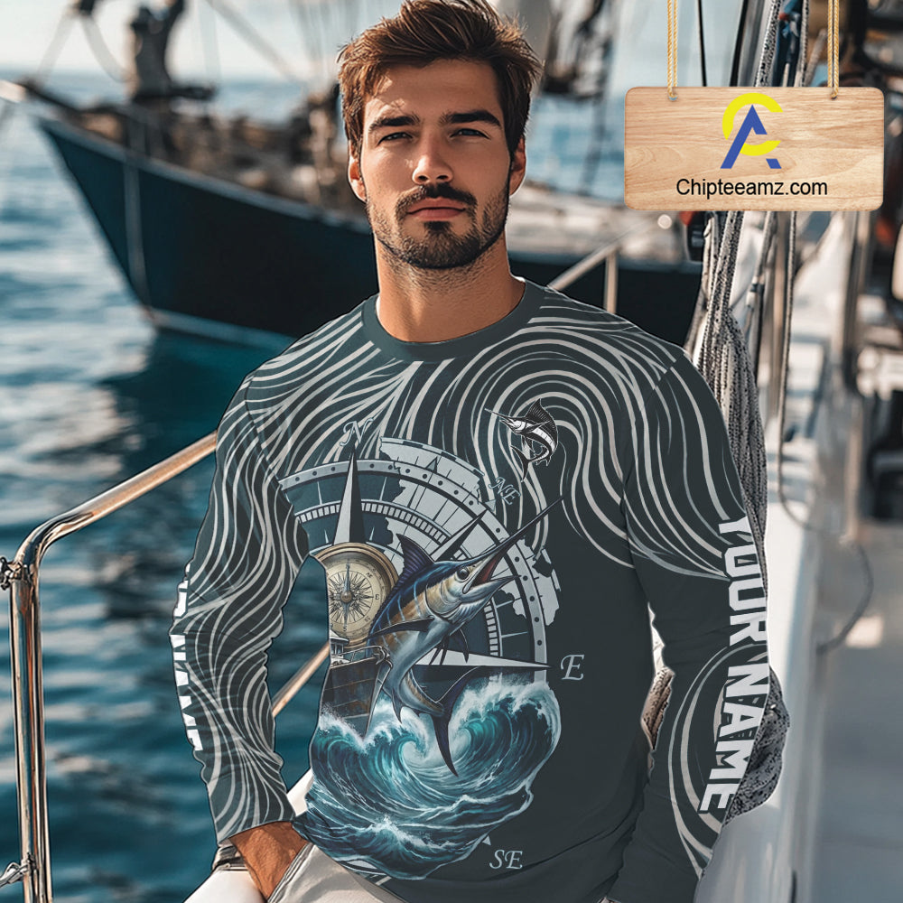Marlin Fishing Long Sleeve Shirt Ocean Wave Compass Design, UV Protection Performance Fishing Apparel NHT613